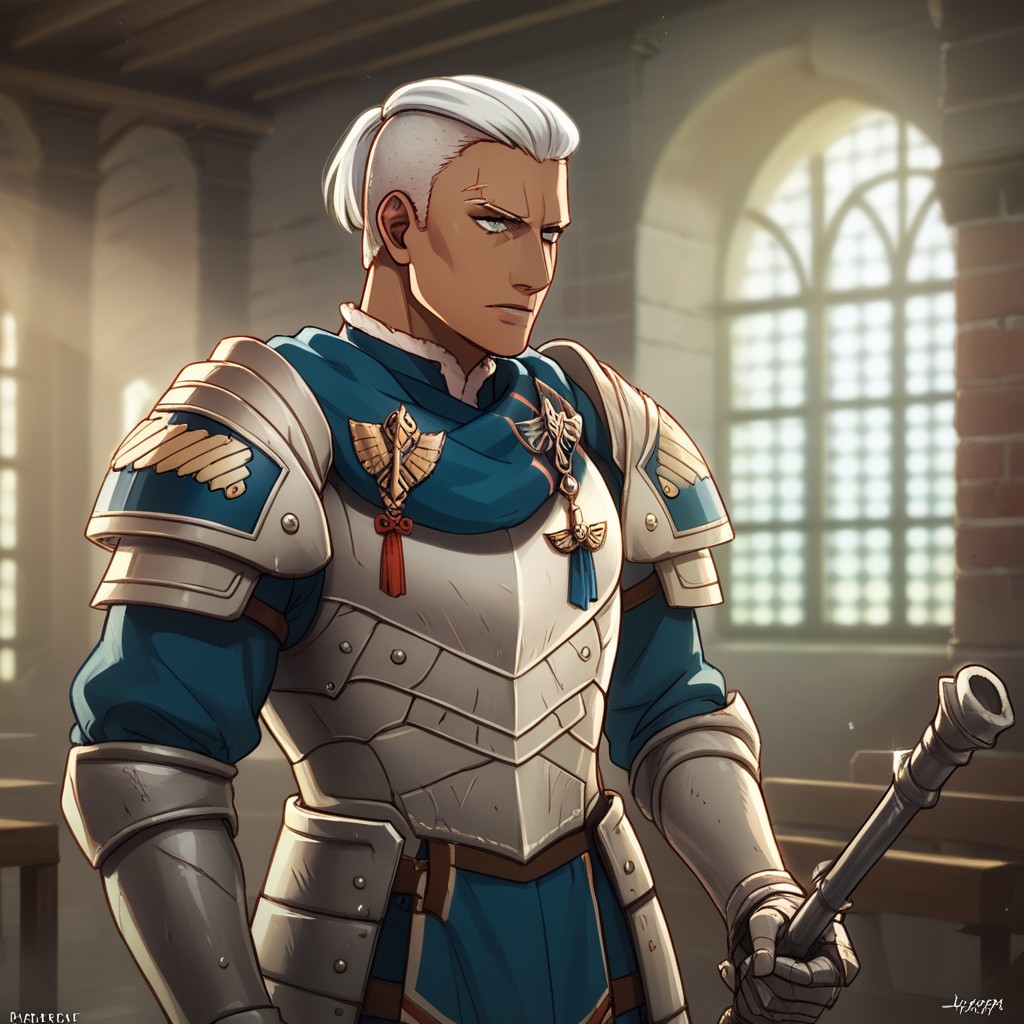 Score_7_up, score_8_up, cowboy shot, dynamic, 
BREAK, 
solo male, dedue, dark skin, white hair, undercut, scars, armor, holding, holding weapon, indoors, barracks setting, detailed background,