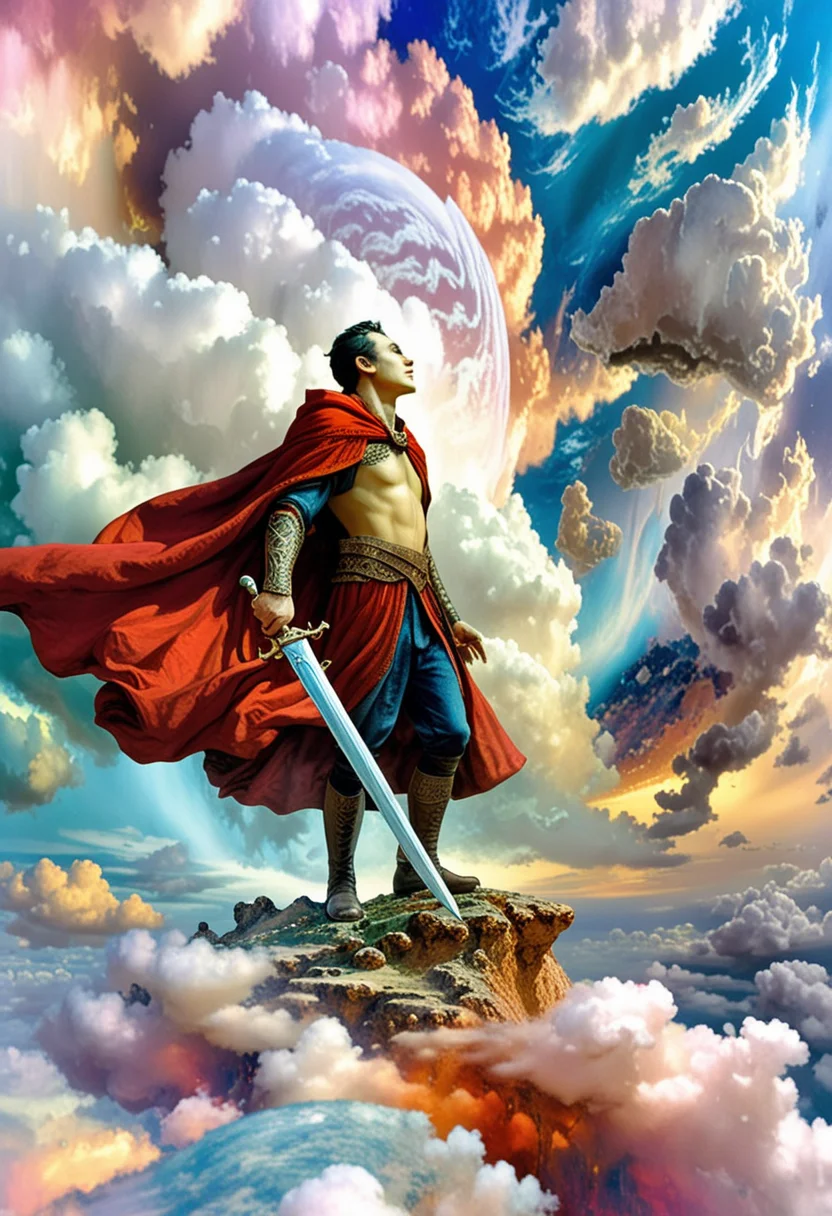 <lora:psychedelic_dream_sdxl_v1:1.0>, psychedelic_dream, a man in a red cloak with a sword in his hand, standing on top of a cloud filled with clouds and clouds are in the background, Maintain identical subject placement, camera angle, framing, and perspective.
Using this elegant style, maintaining the same refined quality and soft color tones, cinematic lighting, award winning, Realistic, HDR