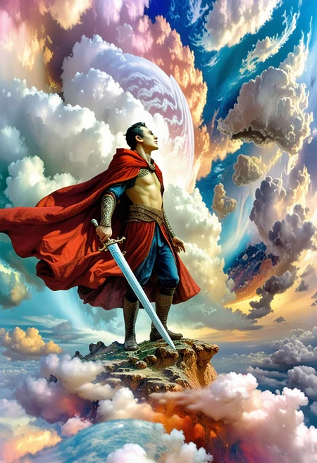 <lora:psychedelic_dream_sdxl_v1:1.0>, psychedelic_dream, a man in a red cloak with a sword in his hand, standing on top of a cloud filled with clouds and clouds are in the background, Maintain identical subject placement, camera angle, framing, and perspective.
Using this elegant style, maintaining the same refined quality and soft color tones, cinematic lighting, award winning, Realistic, HDR