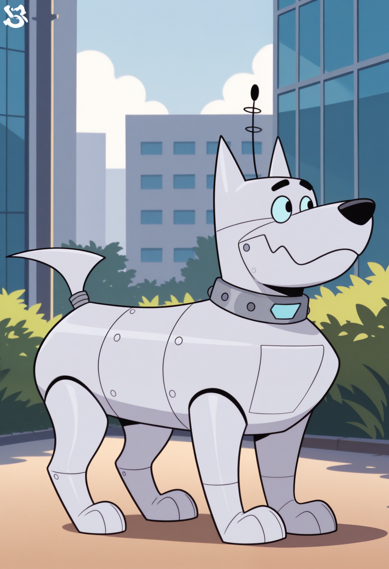 masterpiece,best quality,amazing quality, 1boy, solo, s3ntr0, robot dog, silver skin, color sclera, antennae, metal collar, full body, robot tail, outside,