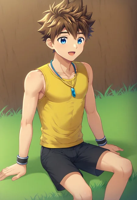 kenji sato v1, dark brown hair, spiky hair, blue eyes, solo focus, wear yellow shirt, sleeveless, wear black shorts, medium build body and leg, young man, black hand band, necklace, solo focus, avarage height, body is facing straight ahead, balanced shape top and bottom, sit on grass, outdoor