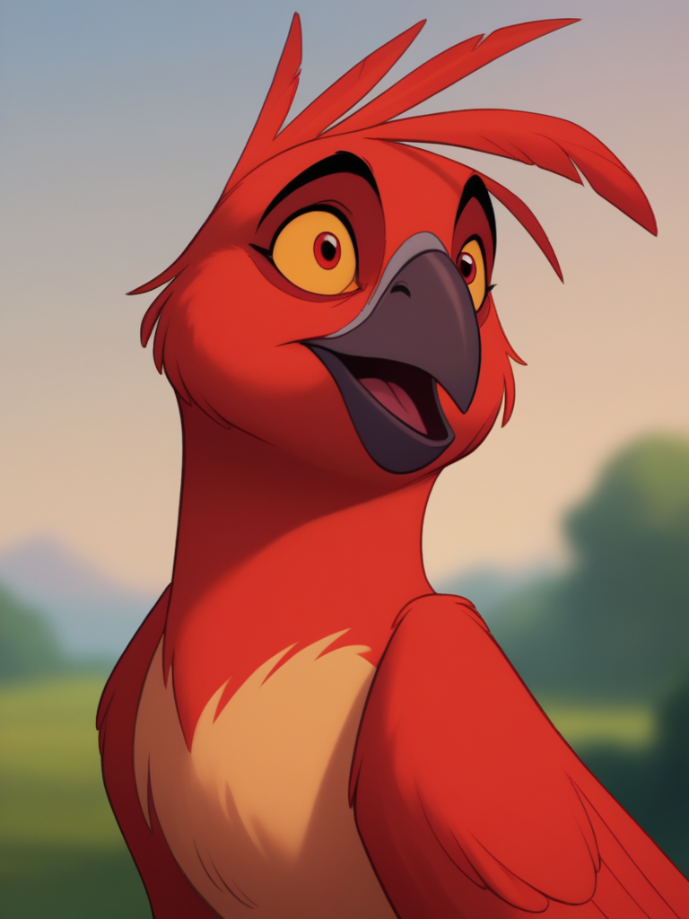 score_9, score_8_up, score_7_up, score_6_up, open mouth, standing, upper body, yellow sclera, colored sclera, happy, mouth open, outdoors, no humans, blurry background, bird, animal, animal focus, beak, parrot, red parrot, retro artstyle, <lora:Disney_Renaissance-06:1>