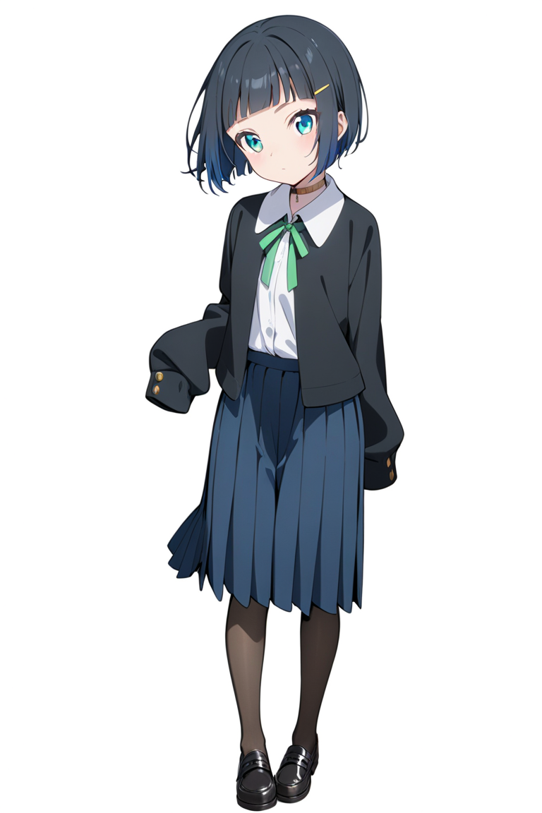 shinonome akira,1girl, solo, blue eyes, sleeves past wrists, skirt, simple background, shirt, white background, jacket, blue skirt, closed mouth, choker, looking at viewer, white shirt, hair ornament, open clothes, black jacket, bangs, short hair, hairclip, ribbon, long sleeves, pleated skirt, open jacket, neck ribbon, green ribbon, collared shirt, black hair, blunt bangs, blue hair,shoes, pantyhose,full body, 
,masterpiece, best quality, 
<lora:shinonome akira A31 e1:0.75>