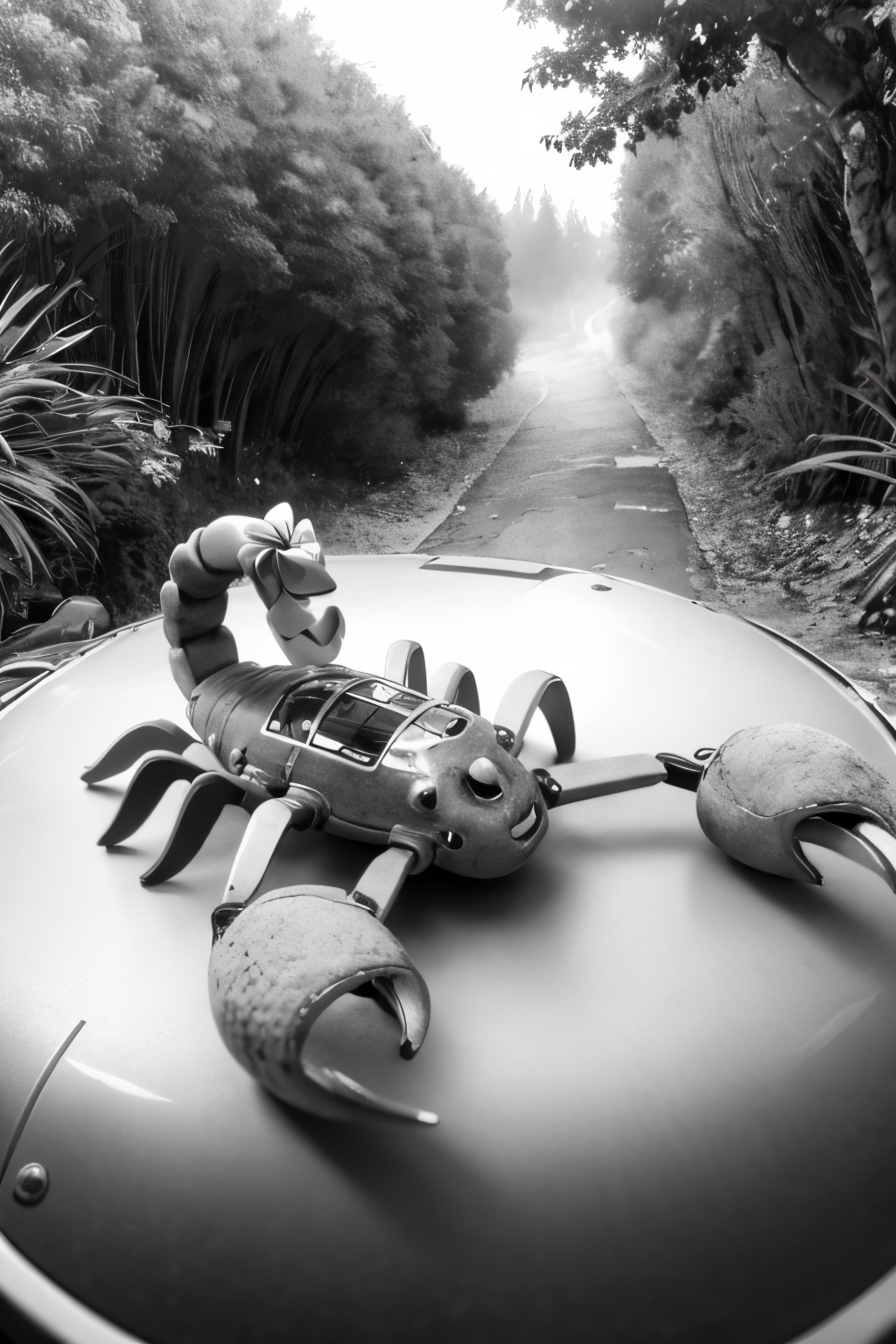 (Realistic:1.5) EdobScorpion, bow, greyscale, cockpit, non-humanoid robot, forest, very long hair, lying, on back, character name, pov, animal,  <lora:EdobScorpionArtistic_v1.0:0.8>