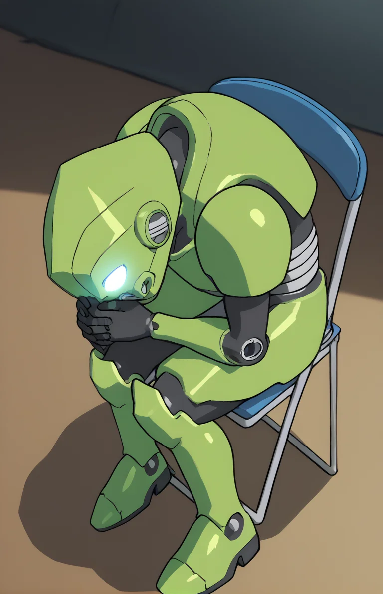 score_9, score_8_up, score_7_up, score_6_up, score_5_up, score_4_up
 jevin, mech suit, glowing eyes, robot, twink, lime armor, bald
 <lora:Jevin-000005:0.5>,  <lora:Anime_Screencap:1>, screencap, <lora:concept_shinjichair_ponyXL:1>, shinjichair, sitting, head down, ((sitting on a chair)), zoomed out