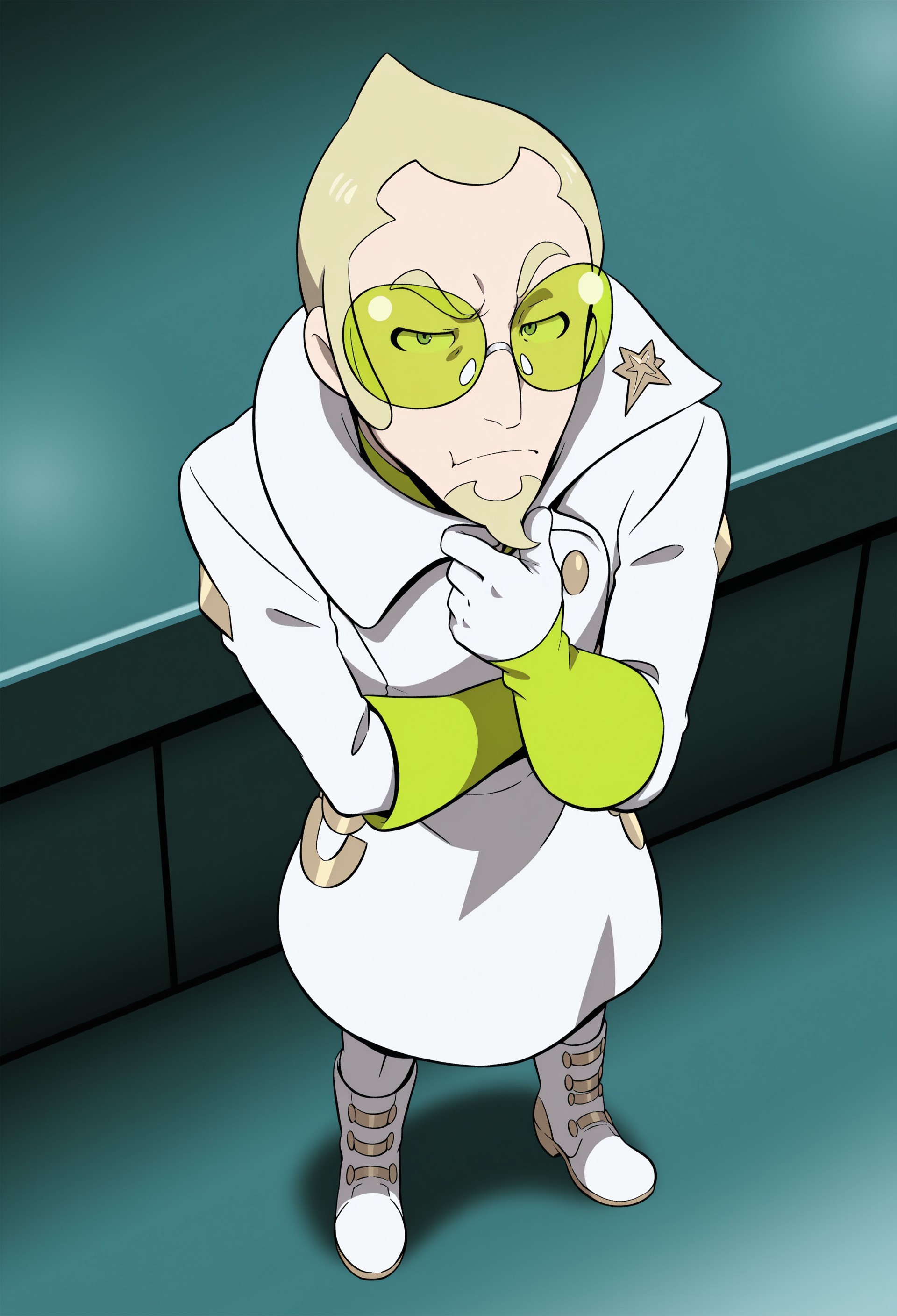 solo, masterpiece, modern, new, 1boy, male, masculine face, daddy looking face,

PokemonFaba, blonde hair, goatee, green glasses, white coat, boots, thinking, stroking beard, looking at viewer