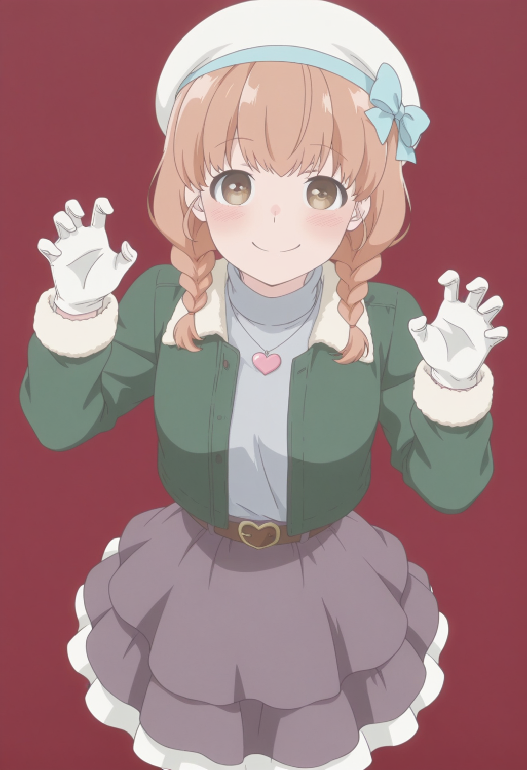 anime screencap, anime coloring, <lora:DX888Momoko:1>  sudou momoko, brown eyes, medium hair, twin braids, BREAK simple background, red background,  BREAK  belt buckle,  fur-trimmed gloves, fur jacket, fur trim, gloves, hat ribbon, heart necklace, layered skirt, grey shirt, skirt, turtleneck shirt, white gloves, white hat, green jacket, grey skirt BREAK     1girl, blush, claw pose, cowboy shot, from above, hands up,  looking at viewer,  smile, solo, standing,