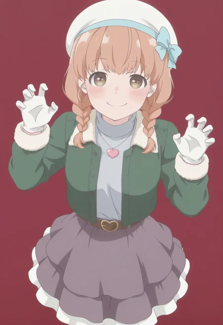anime screencap, anime coloring, <lora:DX888Momoko:1>  sudou momoko, brown eyes, medium hair, twin braids, BREAK simple background, red background,  BREAK  belt buckle,  fur-trimmed gloves, fur jacket, fur trim, gloves, hat ribbon, heart necklace, layered skirt, grey shirt, skirt, turtleneck shirt, white gloves, white hat, green jacket, grey skirt BREAK     1girl, blush, claw pose, cowboy shot, from above, hands up,  looking at viewer,  smile, solo, standing,