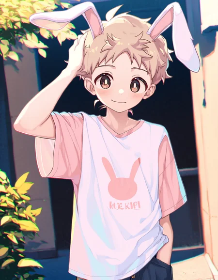 masterpiece, best quality, good quality, koemixpi-style, pastel colors, cowboy shot, outdoors, 1boy, koe-inaho, solo, pink hair, rabbit ears, white shirt, pink t-shirt, hand on head, pants, smile, cute, depth of field, chromatic aberration <lora:koe-mixpi_naiXL_v3b_ShoAI:1>