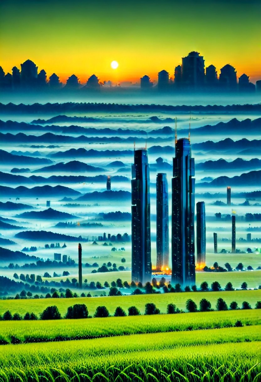 scenery, mountains, tree, grass, towers, skyscraper, fog