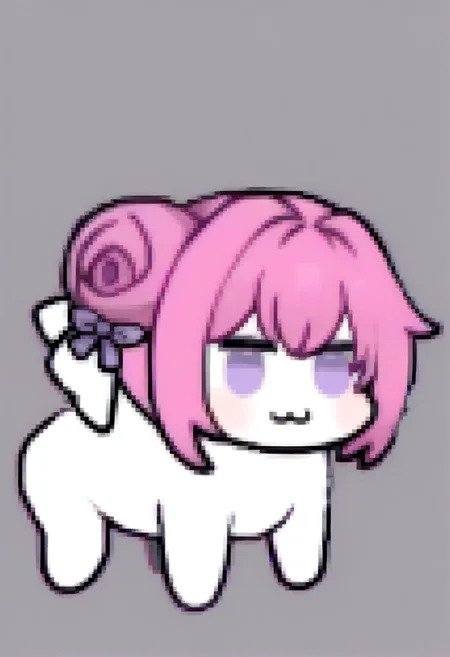 masterpiece, best quality, solo, <lora:Feh-Sprites-illus_Fp:1>, chibi, full body, simple background, <lora:doro_xypher_ixl_v1:1>, doro, :3, chibi, no pupils, solid circle eyes, full body, white skin, all fours, dorothy \(nikke\), pink hair, purple eyes, single side bun, hair bow, purple ribbon,