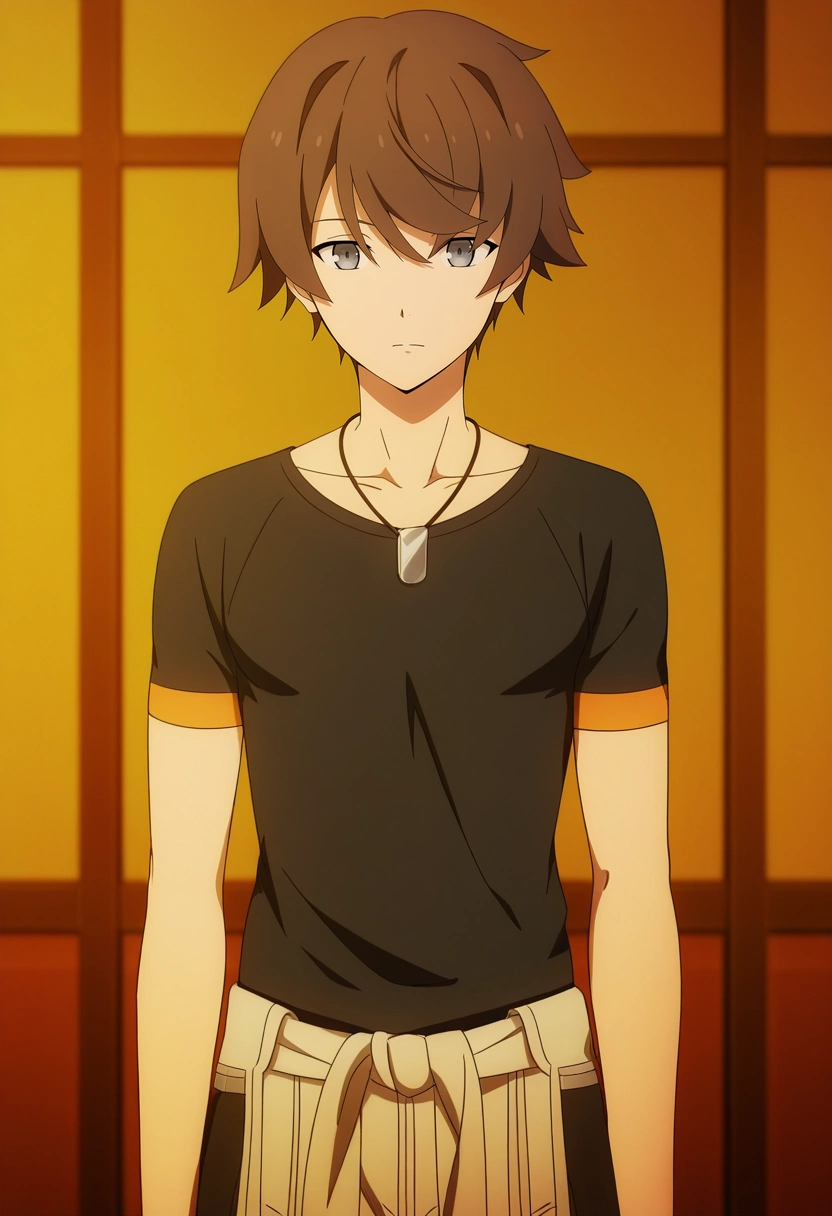 masterpiece, best quality, anime screencap, official style, anime coloring, cowboy shot, 1boy, solo, male focus, <lora:kanata_synduality_noir_ilxl:0.94>, kanata_synduality_noir, brown hair, grey eyes, short hair, , necklace, ,