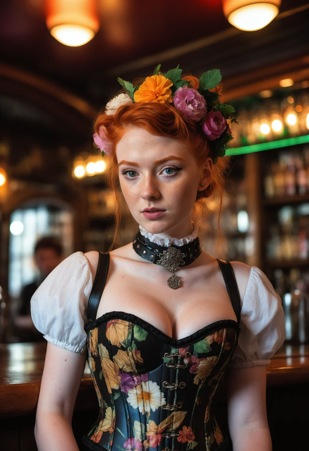 Fujifilm Pro, a 22yo ginger bartender woman in an old Irish pub wearing a corset floral choker, flower in hair. luxury and colorful ornaments, focus