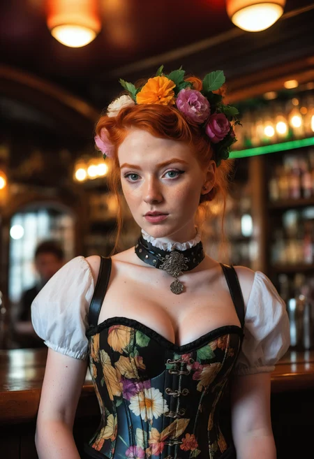Fujifilm Pro, a 22yo ginger bartender woman in an old Irish pub wearing a corset floral choker, flower in hair. luxury and colorful ornaments, focus