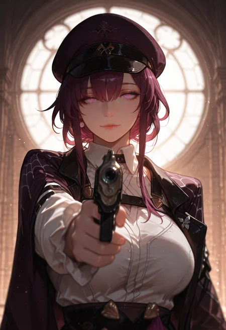 kafka \(honkai: star rail\), hat, hidden face, holding gun, outstretched hand, cupping hand, pointing gun,  light smile,
BREAK
(Smooth Quality:0.8),masterpiece,best quality,amazing quality, absurdres, ultra-HD, 8k, fit body, raytracing, soft lighting, volumetric lighting, ambient occlusion,absolutely eye-catching, highest quality, usnr, (cinematic composition:1.3), depth of field, (adult), (mature female:1.2), very aesthetic, smooth image, (detailed face and eyes), mesmerizing gaze, sharp focus, warm lighting, semi realistic, emphasize body relief,
<lora:illustrious_quality_modifiers_masterpieces_v1:1> <lora:USNR_STYLE_ILL_V1_lokr3:0.4> <lora:MGE_V5.2_IL:0.8> <lora:ponyv6_noobE11_2_adamW:0.4> <lora:NOOB_vp1_detailer_by_volnovik_v1:0.3> <lora:MoriiMee_Gothic_Niji_Style_Illustrious_r1:0.6>