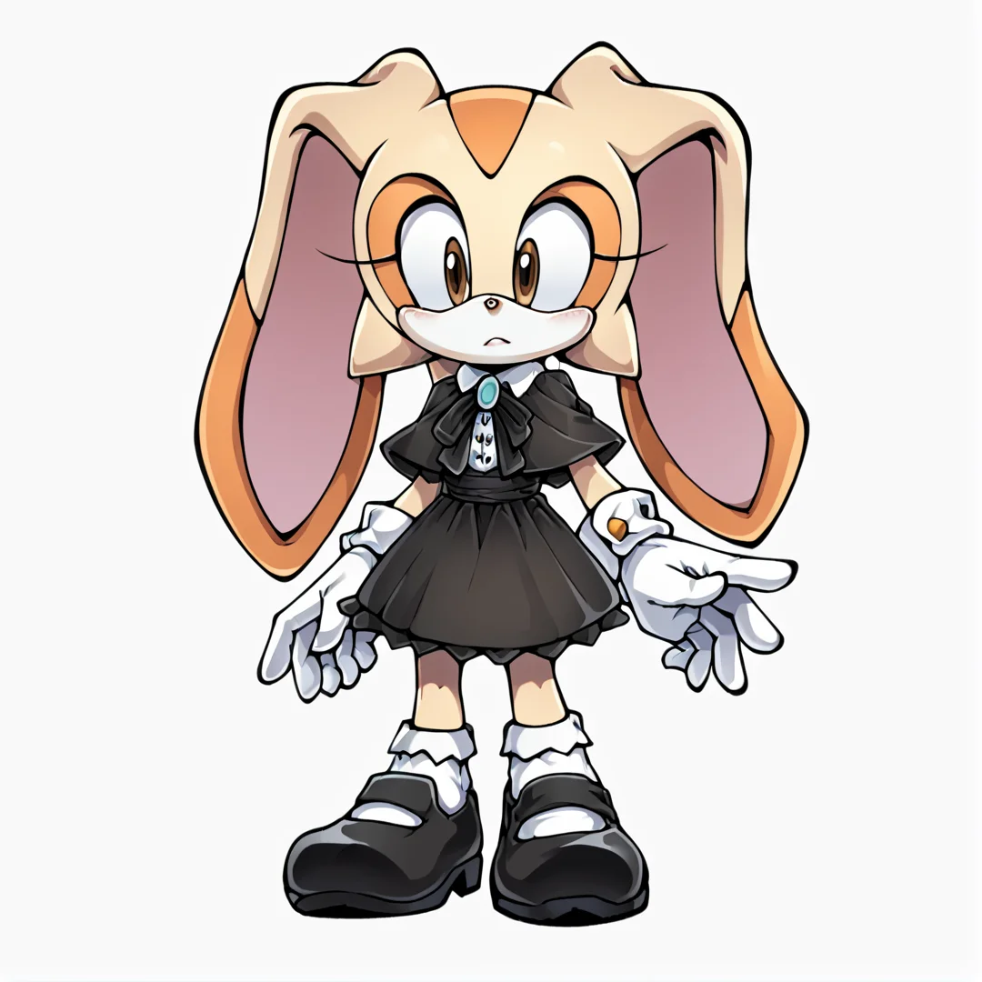 score_9, score_8_up, score_7_up, score_6_up, score_5_up, score_4_up, BREAK, <lora:CreamtherabbitpnyXL:1>,1girl, solo, simple background, gloves, white background, dress, ribbon, animal ears, brown eyes, jewelry, standing, full body, shoes, socks, white gloves, black footwear, rabbit ears, black dress, capelet, mary janes, furry, rabbit girl, furry female, black capelet, animal nose, gothic, cream the rabbit , sonic the hedgehog \(series\)