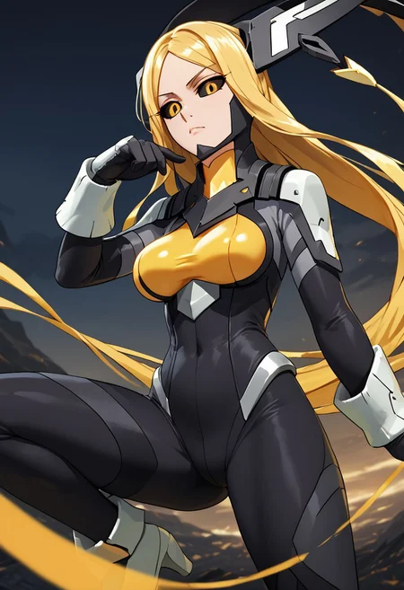 score_4,score_5,score_6,score_7_up,score_8_up,score_9 ((masterpiece,best quality,ultra detailed,highres,HD,4k:1.2)),
1 cute girl,solo,solo focus,girl focus,face focus,
very long hair,blonde hair,yellow eyes,black sclera,colored sclera,large breast, bodysuit,gloves,high heels, serious,