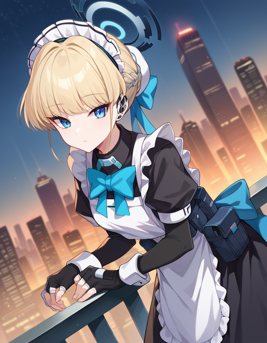score_9, score_8_up, score_7_up, source_anime,
tokiasuma, <lora:toki-asuma-ponyxl-lora-nochekaiser:1>
toki, blonde hair, blue eyes,
hair bun, short hair, halo, apron, belt pouch, black dress, black gloves, blue bow, bow, dress, elbow gloves, fingerless gloves, gloves, halo, long sleeves, maid, maid apron, maid headdress, pouch,
outdoors, cityscape, bent over,
looking at viewer, dutch angle, cowboy shot