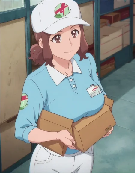 score_9, score_8_up, score_7_up, anime screencap, solo,1girl, hat, brown eyes, brown hair,baseball cap, shirt, white headwear, blue shirt,cowboy shot,holding box,large breasts, smile,<lora:hanaderayasuko:0.8>