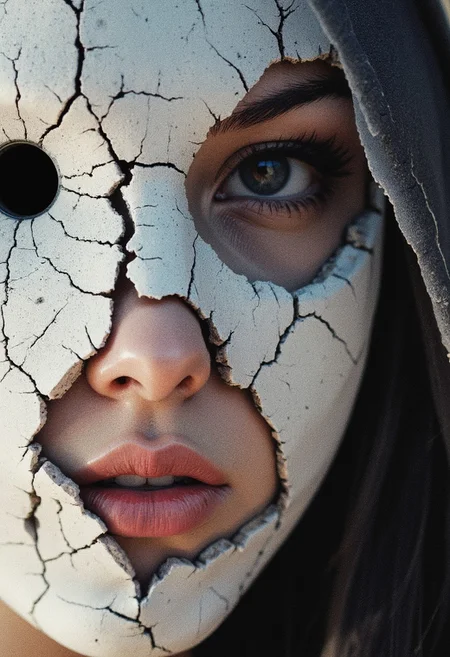 The image is a highly detailed, CGI-rendered digital artwork capturing an extreme close-up of a mystical woman. She wears an enigmatic mask made of white plaster, distinguished by two large, round, black dots serving as eyes. The mask’s surface is intricately detailed with cracks and fissures, through which the exquisitely rendered features of her face are subtly revealed. Her expression, partially hidden yet powerfully evocative, hints at ancient secrets and deep emotion.
Bathed in soft, ethereal light, the scene exudes a surreal quality that heightens its mystical allure. Gentle, diffused illumination caresses the delicate contours of the plaster mask and the intricate details of her skin, emphasizing the interplay of light and shadow. The ambient glow enhances the texture of the fractured plaster, casting soft highlights along the edges of the cracks, while deep, tender shadows add a sense of depth and intrigue to her partially unveiled visage.
The overall atmosphere is one of profound mystery and quiet intensity—a visual narrative where concealment and revelation intertwine. Rendered in ultra-realistic 8K quality, every nuance from the mask’s subtle imperfections to the soulful glimpse of the woman beneath is brought to life, creating an artwork that is both hauntingly beautiful and enigmatically inviting.