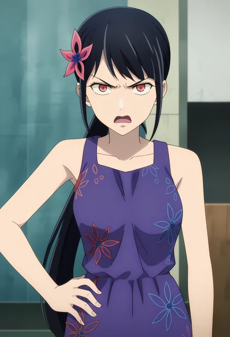 score_9, score_8_up, score_7_up, source_anime, rating_explict,
BREAK
1girl, solo, anime screencap, anime coloring,
<lora:shiYeonFinalV1:1>, yeonpurp, long hair, black hair, red eyes, hair ornament, hair flower, ponytail,
bare shoulders, purple dress, sleeveless dress, floral print,
looking at viewer, angry, disgust, open mouth, hand on own hip,