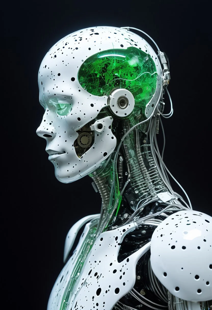 Blame! by Tsutomu Nihei see through cyborg, white oil splatter, is flying through a void of blue, silver plated cables everywhere, translucent glass head, gears in background, black oil splatter, green everywhere, symbiotic everywhere, insects everywhere titanium everywhere, electric everywhere, easynegative, ng_deepnegative_v1_75t