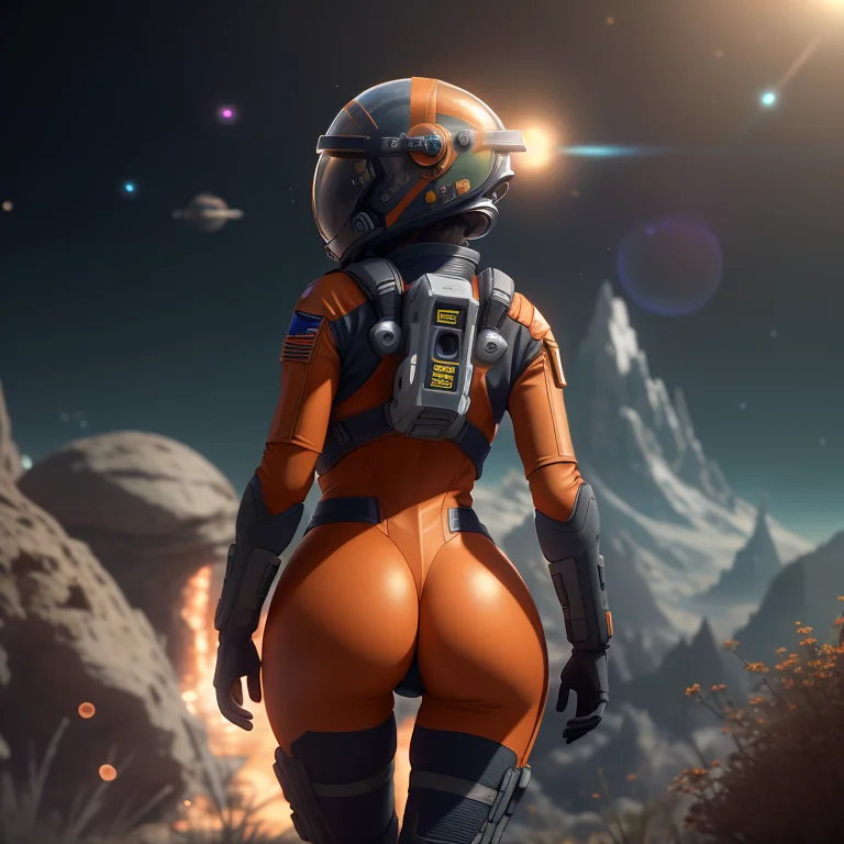 Highly detailed RAW color Photo, Rear Angle, Full Body, of (female space soldier, wearing orange and white space suit, helmet, tined face shield, rebreather, accentuated booty), outdoors, (looking up at advanced alien structure, on alien planet), toned body, big butt, (sci-fi), (mountains:1.1), (lush green vegetation), (two moons in sky:0.8), (highly detailed, hyperdetailed, intricate), (lens flare:0.7), (bloom:0.7), particle effects, raytracing, cinematic lighting, shallow depth of field, photographed on a Sony a9 II, 50mm wide angle lens, sharp focus, cinematic film still from Gravity 2013