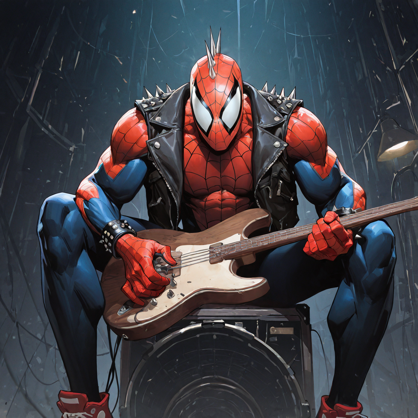 <lora:SPIDERPUNK:1>spiderpunk, solo, looking at viewer, 1boy, holding, jewelry, sitting, jacket, male focus, horns, vest, bracelet, muscular, mask, bodysuit, sneakers, instrument, spikes, guitar, holding instrument, leather, spiked bracelet, electric guitar, superhero, red bodysuit, leather jacket, silk, spider web, drum, spider web print, bass guitar, two-tone bodysuit, drum set, studded bracelet, amplifier, western comics (style), blue eyes, lamp, playing instrument,  dynamic perspective, night, detailed background, motion blur, film grain, abstract, natural lighting, fantasy, cinematic, dynamic view, very awa, masterpiece, best quality, absurdres, newest, perfect quality, detailed background, intricate details, (artist:fl \(l-fl\):0.7), (artist:tooboshoo:0.7), (artist:dizdoodz:0.8)    <lora:bulge:1> bulge