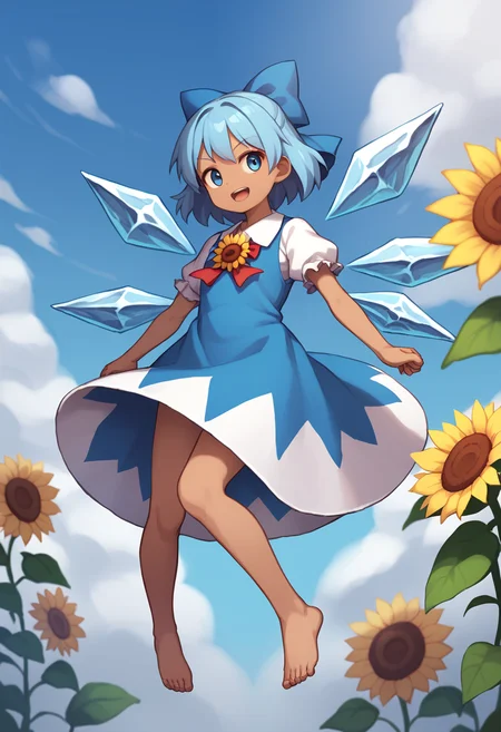 score_9,score_8_up,score_7_up,<lora:Touhou_pony:1>,tanned_cirno, 1girl, touhou, blue_bow, hair_bow, ice_wings, blue_dress, sunflower, vines, puffy_short_sleeves, barefoot, morning_glory, red_ribbon, pink_flower