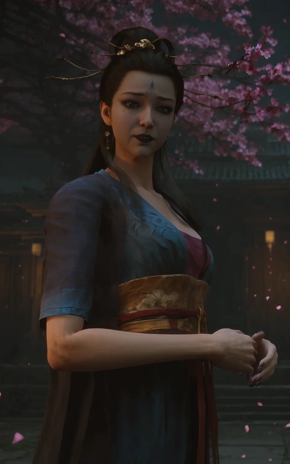 score_9, score_8_up, score_7_up, 8k, best quality, masterpiece, (ultra-detailed), solo,
<lora:heishenhua-pony-Tanger-000010:0.8>, zzdajie, first daughter, blue hanfu, by heishenhua, game cg, 1girl, solo, earrings, jewelry, long hair, black hair, sash, looking at viewer, cherry blossoms, hair ornament, hair stick, makeup, outdoors, Poorly lit, dimly lit environment,