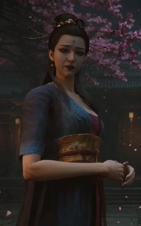 score_9, score_8_up, score_7_up, 8k, best quality, masterpiece, (ultra-detailed), solo, 
<lora:heishenhua-pony-Tanger-000010:0.8>, zzdajie, first daughter, blue hanfu, by heishenhua, game cg, 1girl, solo, earrings, jewelry, long hair, black hair, sash, looking at viewer, cherry blossoms, hair ornament, hair stick, makeup, outdoors, Poorly lit, dimly lit environment,