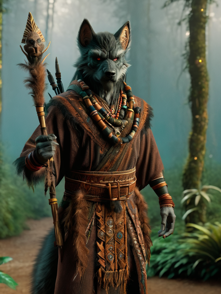 worgen, male worgen, shaman worgen, shaman clothing, in a costume holding a stick, casting a spell, standing in aztec forest, foggy background <lora:wowrgen-sdxl:1>