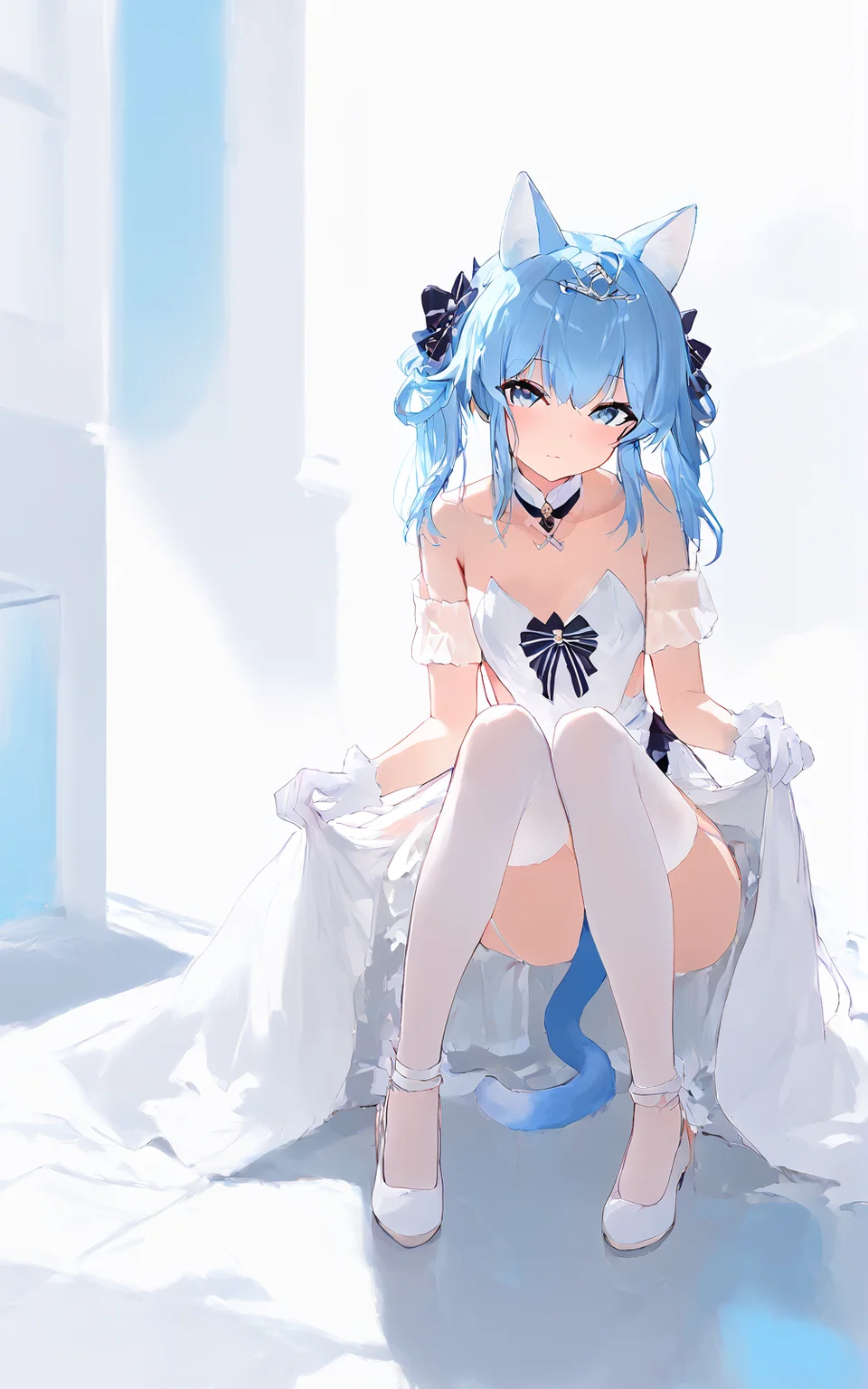 score_9,score_8_up,score_7_up,,source_anime BREAK, 1girl, solo,, s1_dram, on country, Suzunami, Suzunami \\\(Azur Lane\\\), , 1girl, manjuu \(azur lane\), animal ears, official alternate costume, white gloves, tail, blue hair, blue eyes, white thighhighs, cat ears, garter straps, white dress, looking at viewer, bare shoulders, strapless, twintails, white footwear, cat tail,tiara, <lora:S1_Dramatic_Lighting_v2:0.8>,<lora:Suzunami:1>,<lora:incase-ilff-v3-4:1>