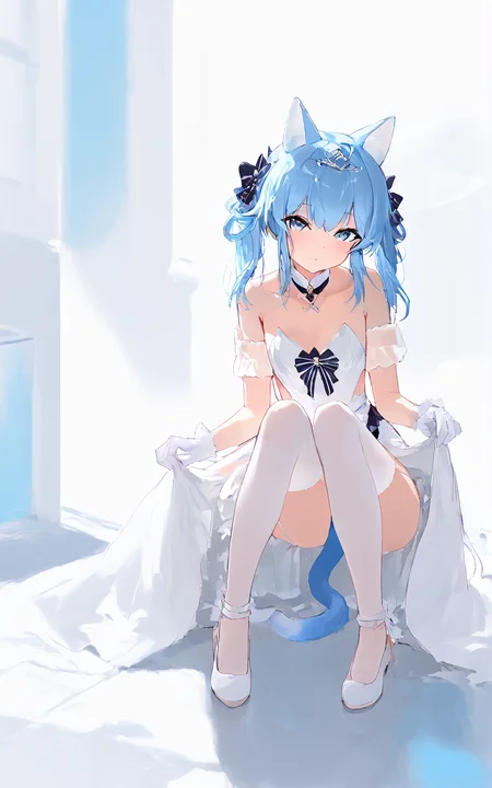 score_9,score_8_up,score_7_up,,source_anime BREAK, 1girl, solo,, s1_dram, on country, Suzunami, Suzunami \\\(Azur Lane\\\), , 1girl, manjuu \(azur lane\), animal ears, official alternate costume, white gloves, tail, blue hair, blue eyes, white thighhighs, cat ears, garter straps, white dress, looking at viewer, bare shoulders, strapless, twintails, white footwear, cat tail,tiara, <lora:S1_Dramatic_Lighting_v2:0.8>,<lora:Suzunami:1>,<lora:incase-ilff-v3-4:1>
