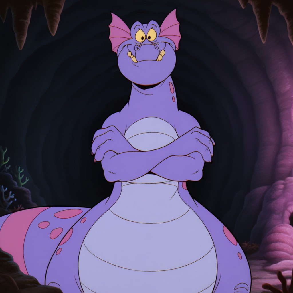 masterpiece, best quality, amazing quality, simon, male, sea dragon, yellow sclera, black eyes, purple skin, pink body spots, pink headfins, colored underbelly, long tail, twin tailfin, striped tail, sharp nails, fat, standing, smile, crossed arms, looking at viewer, indoors, cave, solo