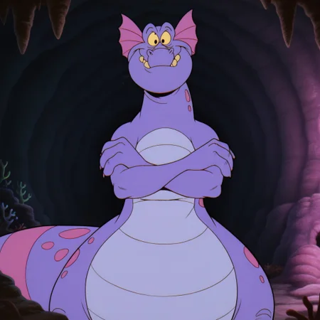 masterpiece, best quality, amazing quality, simon, male, sea dragon, yellow sclera, black eyes, purple skin, pink body spots, pink headfins, colored underbelly, long tail, twin tailfin, striped tail, sharp nails, fat, standing, smile, crossed arms, looking at viewer, indoors, cave, solo