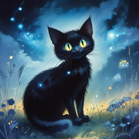Score_9, score_8_up, score_7_up, score_6_up, BREAK <lora:Dark_GhibliPony:1> Studio Ghibli Dark Fairytale, The image is a digital illustration of a black cat sitting in a field of tall grass and wildflowers. The cat is facing towards the right side of the image with its head turned slightly to the left. It has large round yellow eyes that are glowing blue. The background is dark and cloudy with a hint of blue and orange. The overall mood of the illustration is mysterious and eerie. The image has a dreamy ethereal quality to it., cat, no humans, flower, grass, nature, black cat, outdoors, solo, tree, looking at viewer