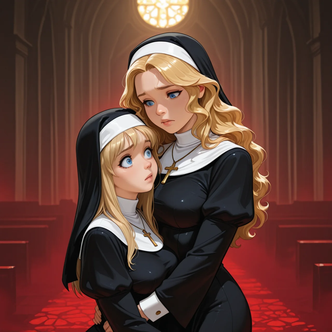 2girls, hug, church, blonde hair, long hair, wavy hair, cross necklace,
the church is lit with a strange red glow that pervades the sanctity of the place and oozes into the souls of those within its chapel.
1girl, nun, blue eyes, habit, wimple, red fog, (tentacles:0.6), curious, confused, worried, medium breasts, 
 <lora:DarkfireStyle07:1>