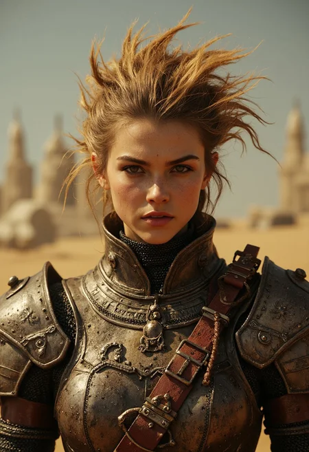 Vibrant Colorful Realistic analog photo, very detailed, hyper detailed, photorealistic, hyperdetailed, uhd, 4k, the focus of the image is on the witch, extreme closeup Face Portrait, extreme face closeup, head focus, Realistic analog photo, awesome, high Quality, photorealistic, atmospheric lighting, volumetric lighting, cinematic, Epic Film Quality, dense Sand storm, dust, floating Sand,
Capture the essence of medieval valor in this close-up shot: a weathered knight with spiked hair in high collar armor bearing a bold text crafted masterfully from its metal "buzz". Positioned in a morning dueling arena, he awaits his opponent with a stance of readiness. Let the fluttering banners and flags in the wind tell the story of anticipation and honor on the battlefield.