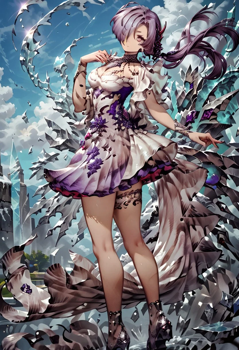 safe_pos, score_9, score_8_up, score_7_up,masterpiece,perfect face,high quality,highly detailed,high quality, source anime,outside, on ice,1girl, solo, hair over one eye ,purple eyes, breasts ,long hair, hair ornament, full body ,looking at viewer, shoes, winterlynx, dress, piece of cloth,