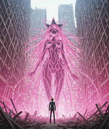 masterpiece, best quality, absurdres, <lora:anime_screencap-IllustriousV2:1>, anime screencap, anime coloring, 2d, anime style , This is an anime screencap from Danganronpa 3. , <lora:Devil_Survivor_Megaten_Megapack:0.4> , From behind , Atmospheric perspective , henohenomoheji , 1boy, black_frost,demon_(megami_tensei),devil_survivor_(series),devil_survivor_1,megaten , construction_site, tokyo_urban_development, crane_abandoned_mid_lift, concrete_mixers_overturned, hard_hats_scattered, building_blueprints_demon_modified, magical_girl_construction_worker_outfit_elements, pink_energy_construction_barriers, transformation_work_site, costume_industrial_aesthetic, magical_building_enhancement, supernatural_architecture_modification, reality_construction_tools, dimensional_foundation_work