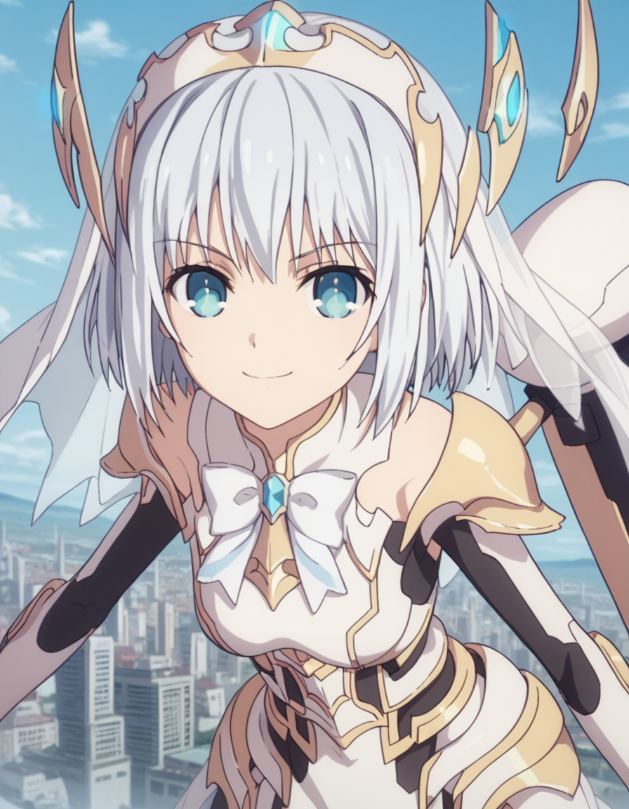 score_9, score_8_up, score_7_up, source_anime,
origamitobiichi, <lora:origami-tobiichi-s4s5-ponyxl-lora-nochekaiser:1>,
origami tobiichi, short hair, blue eyes, white hair,
gloves, armor, veil, mecha musume,
outdoors, cityscape, smile, bent over,
looking at viewer, solo, cowboy shot, dutch angle,