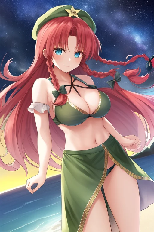 masterpiece, best quality, highres, solo, {night:1.10}, {starry sky:1.10}, beach, beautiful detailed sky, {extremely detailed background:1.20}, {hong_meiling_touhou:1.10}, {standing:1.10}, looking at viewer, {bikini:1.30}, braid, long_hair, red_hair, twin_braids, star_\(symbol\), hat, hat_ornament, star_hat_ornament, beret, smile, bow, breasts, hair_bow, blue_eyes, ribbon, bangs, green_eyes, light smile