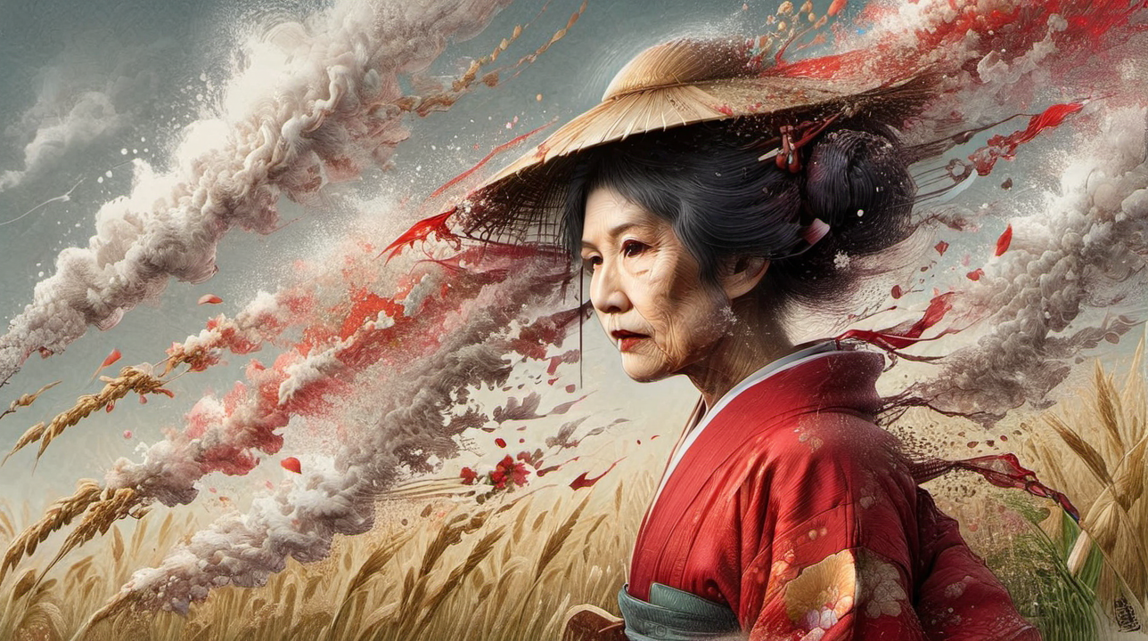 ral-dissolve calligraphyinkstyle of an old japanese woman in a rice paddy wearing a red kimono dissipating into millions of pieces in the wind  <lora:InkArtXL_1.1:1>  <lora:ral-dissolve:1>