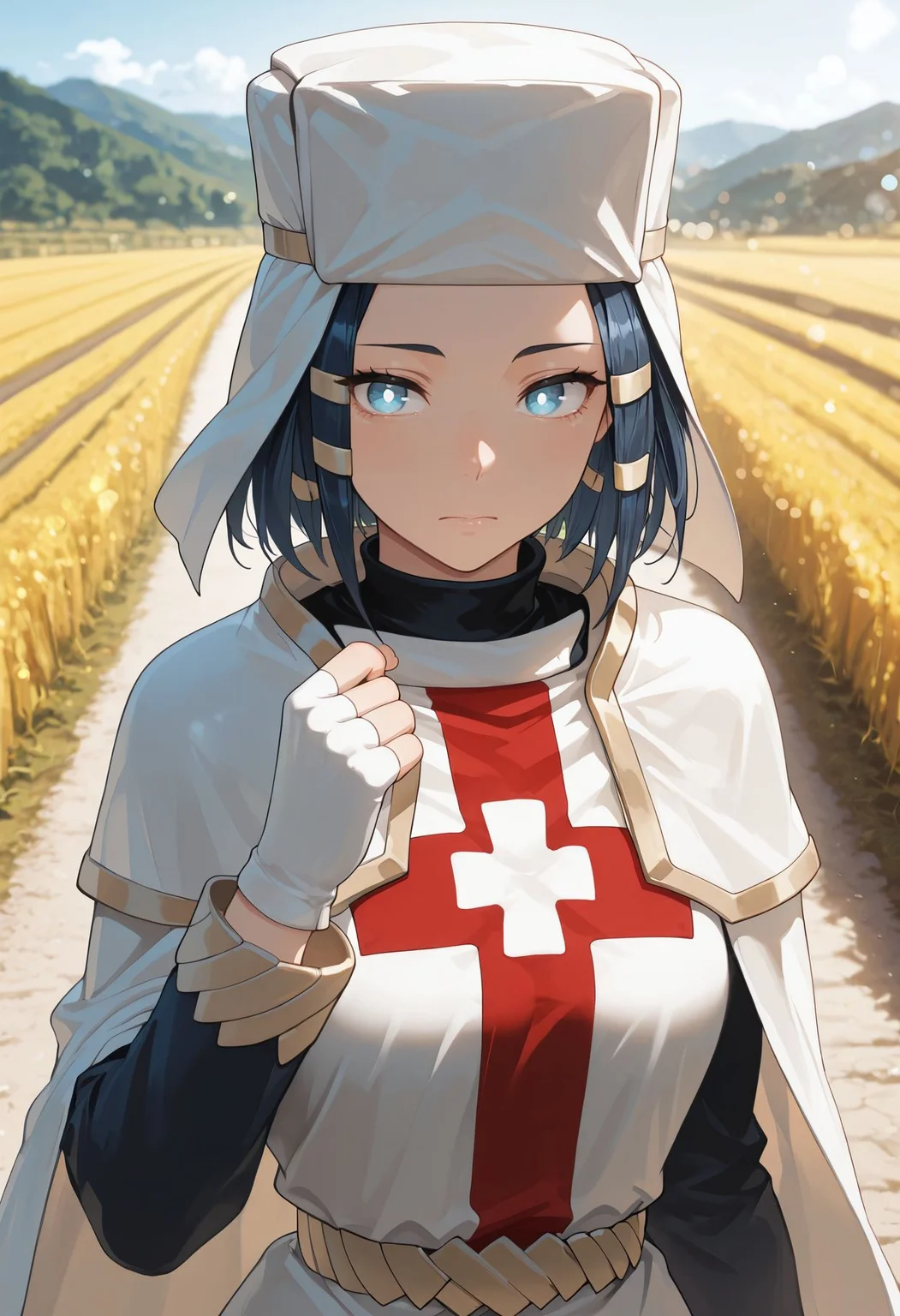 masterpiece,best quality,amazing quality, absurdres, <lora:arrow_fire_force_ilxl_goofy:1>  arr0w, arrow pupils, dark blue hair, blue eyes, white pupils, symbol-shaped pupils,  white headwear, white cape, yellow belt, red cross, long sleeves, white gloves, fingerless gloves, upper body,outdoors,bokeh, rural, road, field, depth of field,