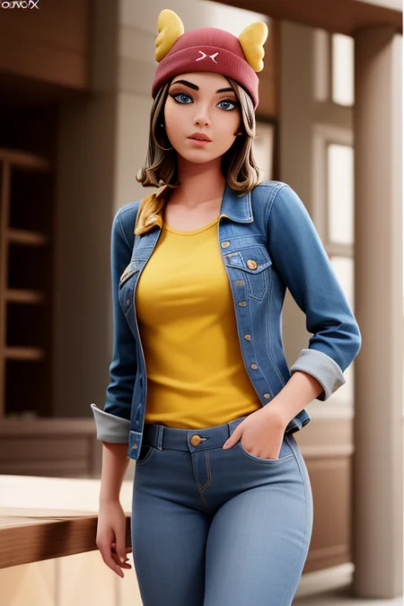 <lora:Skye_75Koto_DB:0.5>, 1girl, xyzskye, (realistic:1.5), 3d, render, beanie, lips, big eyes, looking at viewer, brown hair, beautiful face, blue eyes, octane render, standing, cowboy shot, yellow shirt, jacket, black pants
