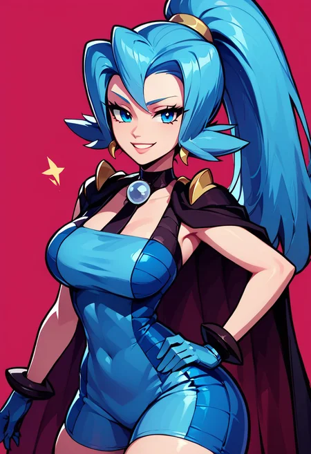 score_9, score_8_up, score_8, big breasts, (curvy), cute, eyelashes,
BREAK,
zzClair, solo, 1girl, long hair, blue hair, blue eyes, ponytail, blue bodysuit, black cape, blue gloves,
cowboy shot, smile, smug, hand on hip, wide hips,
BREAK,
zPDXL, Expressiveh