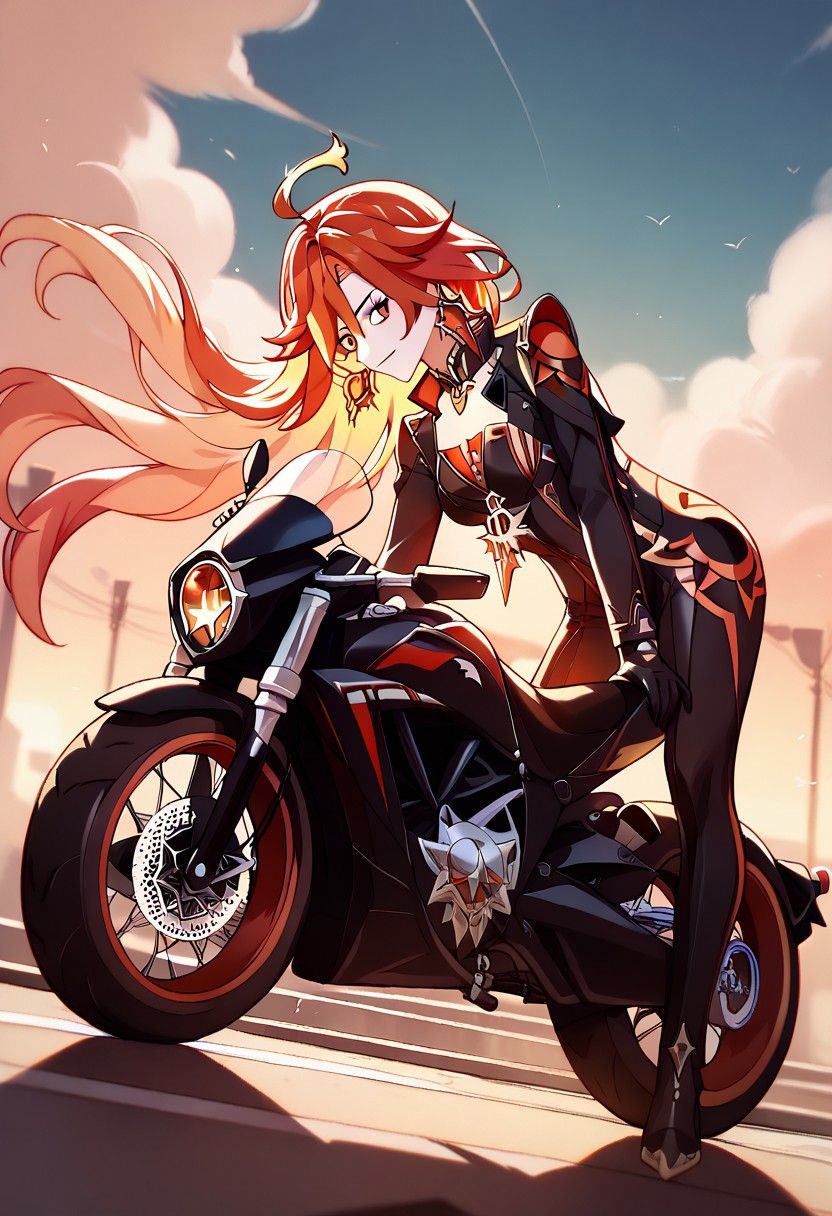 score_9_up, score_8_up, score_7_up, extreamly detailed, beautiful detailed face, complex detailed background, 1girl, BREAK,  MAVUIKA (GENSHIN IMPACT), Motorcycle suit, Motorcycle
