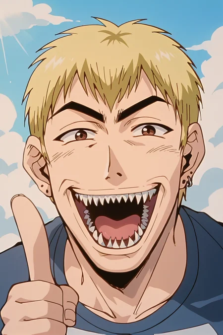 score_9, score_8_up, score_7_up, source_anime BREAK Ekiti Onizuka, muscular, blonde hair, brown eyes, short hair, ear piercing, t-shir, cargo pants, <lora:Ekiti_OnizukaSDXL:1>,meme, meme face, wide face, laughing, meme very big and sharp teeth, mouth open, cheek up, pointing at viewer, portrait, masterpiece, 4k, best quality