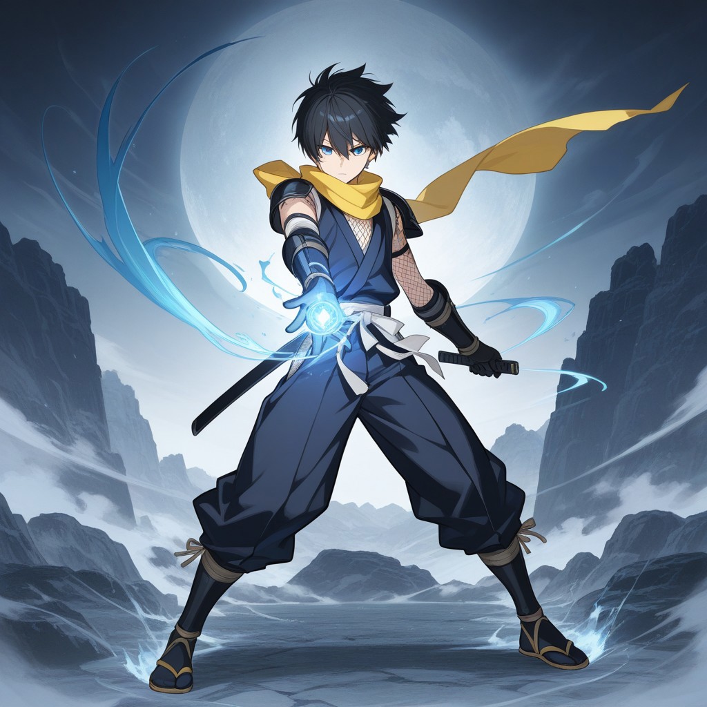 score_9, score_8_up, score_7_up, score_6_up, highly detailed, masterpiece, best quality, detailed, intricate details, amazing quality, best aesthetic, absurdres, source_anime, male focus, 1boy, scarf, shoulder armor, ninja, gauntlets, fishnets, vambraces, black gloves, tabi,, bandaged arm, black hair, blue eyes, male focus, yellow scarf, tattoo, short hair, magic, wind, masterpiece,best qualit,ultra-detailed,illustration,an extremely delicate and beautiful,beautiful detailed eyes,unity 8k wallpaper,high resolution,anime CG,official_art,